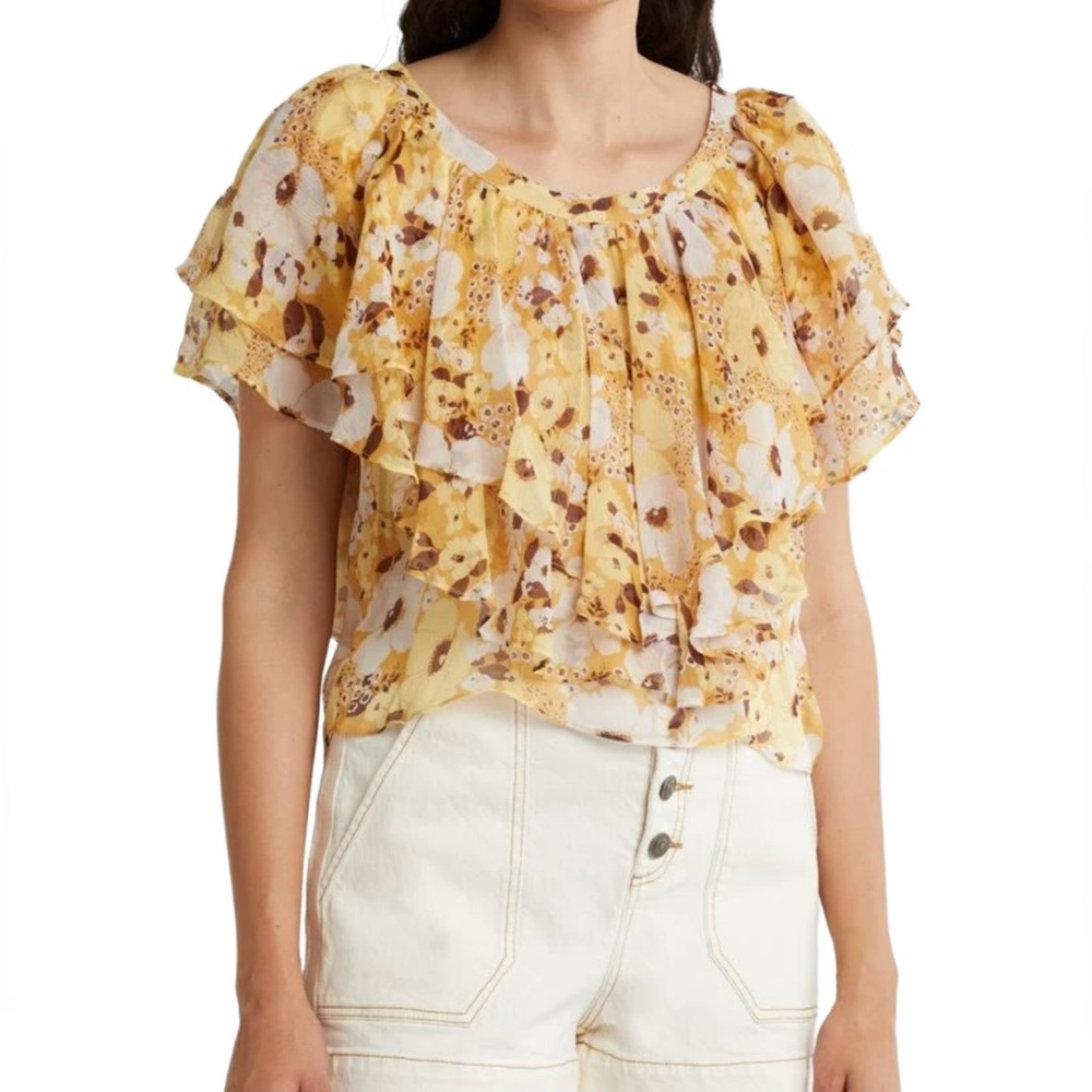 NWT Joie Larisa Floral Ruffle Silk Blouse -
Amber Gold Multi SzM Romantic, boho